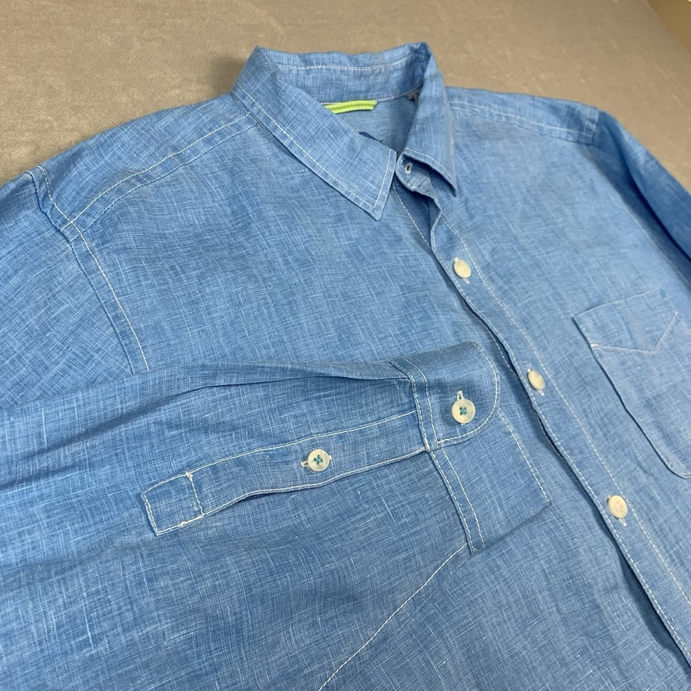 Tommy Bahama Shirt Men XL Blue Linen Long Sleeve Button Up Casual Beach Vacation